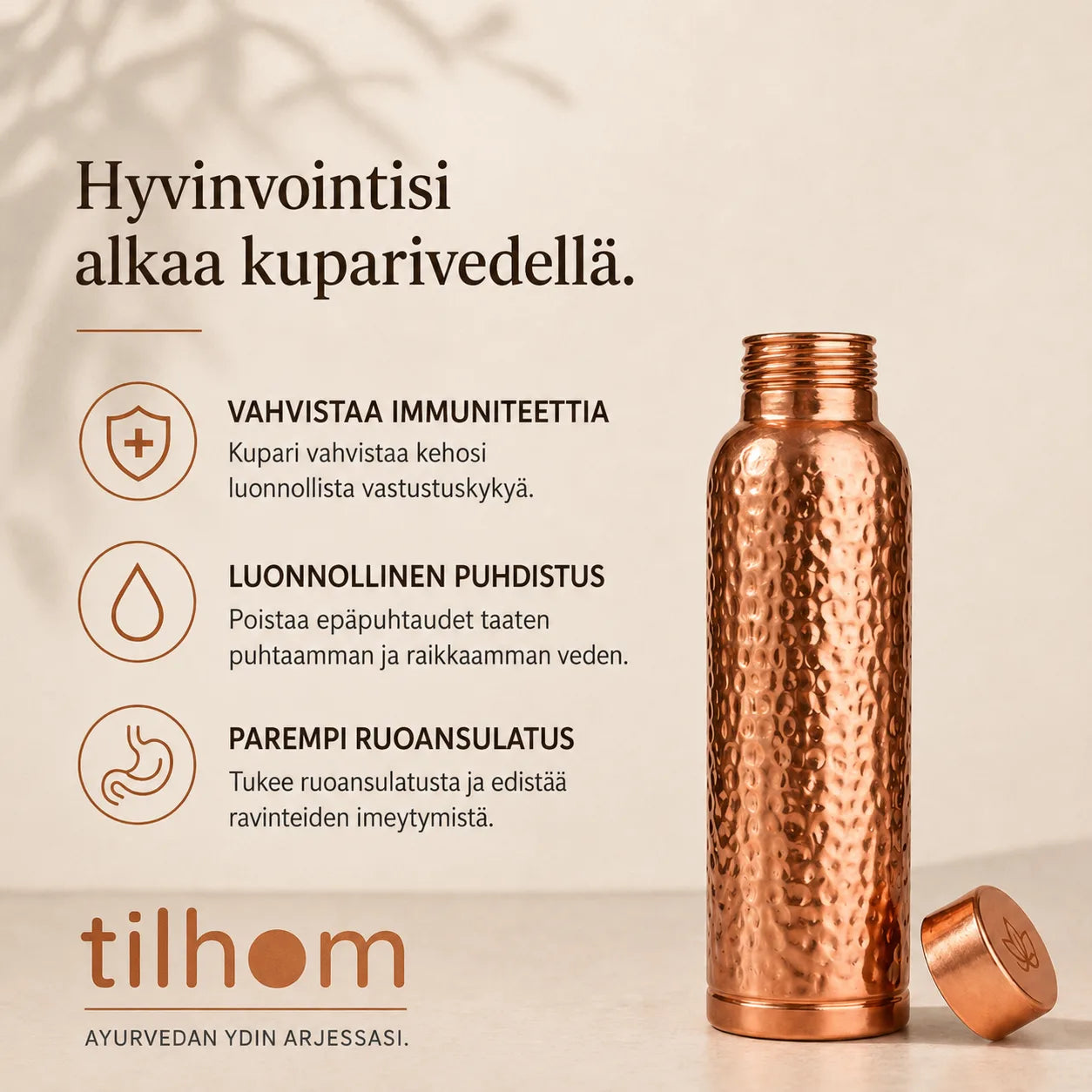 Kuparipullo Tilhom™ | Luonnollisesti puhdistettu vesi, muoviton