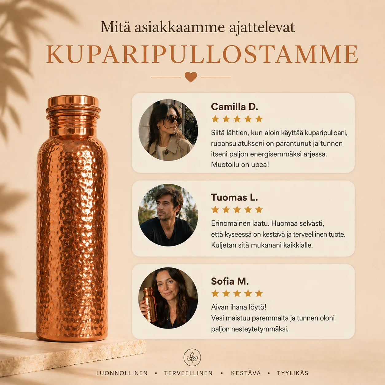 Kuparipullo Tilhom™ | Luonnollisesti puhdistettu vesi, muoviton